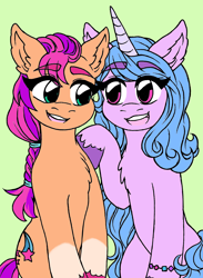 Size: 1948x2664 | Tagged: safe, artist:marshmallowbreeze, izzy moonbow, sunny starscout, earth pony, pony, unicorn, g5, my little pony: a new generation, backwards cutie mark, coat markings, colored hooves, duo, eyebrows, eyebrows visible through hair, simple background, smiling, socks (coat markings), unshorn fetlocks