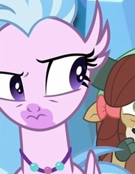Size: 356x458 | Tagged: safe, screencap, silverstream, yona, hippogriff, yak, g4, season 8, what lies beneath, bow, cloven hooves, cropped, female, hair bow, jewelry, looking back, monkey swings, necklace, raised eyebrow, silverstream is not amused, solo focus, unamused