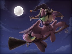 Size: 2560x1920 | Tagged: safe, artist:avroras_world, oc, oc only, oc:walter evans, pegasus, pony, broom, candle, chest fluff, choker, clothes, cloud, flying, flying broomstick, halloween, hat, holiday, male, moon, multicolored mane, night, pegasus oc, pentagram, sky, socks, solo, witch hat