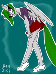 Size: 766x1021 | Tagged: safe, artist:ukedideka, oc, oc only, pegasus, anthro, plantigrade anthro, anthro oc, clothes, eye clipping through hair, female, leaning, pegasus oc, simple background, skirt, smiling, spread wings, tail, tongue out, wings