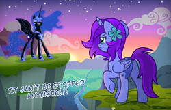 Size: 1100x709 | Tagged: safe, artist:jennieoo, nightmare moon, oc, oc:aliss, alicorn, pony, g4, alicorn oc, butt, dawn, duo, duo female, evil smile, female, frown, grin, horn, looking at each other, looking at someone, mare, mountain, plot, raised hoof, show accurate, signature, smiling, smug, spread wings, sunset, wings