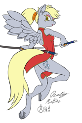 Size: 796x1200 | Tagged: safe, alternate version, artist:sepiakeys, derpy hooves, anthro, unguligrade anthro, g4, cheongsam, clothes, epic derpy, multiple variants, simple background, solo, sword, weapon, white background