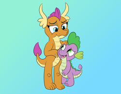 Size: 4380x3402 | Tagged: safe, artist:doodledonutart, smolder, spike, dragon, g4, cute, dragoness, duo, female, hug, male, ponytober, smolderbetes, spikabetes