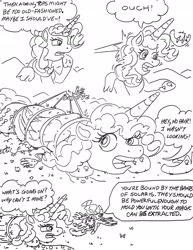 Size: 2417x3136 | Tagged: safe, artist:jamestkelley, part of a set, pinkie pie, princess celestia, alicorn, pony, comic:princess pinkie's conquest of chaos, g4, spoiler:comic57, alicornified, attack, blast, bondage, comic, everfree forest, flying, folded wings, high res, jewelry, landing, lying down, macro, magic, magic beam, magic blast, open mouth, part of a series, pinkiecorn, princess of chaos, race swap, regalia, speech bubble, spread wings, sticky hand, tied up, traditional art, wiggle, wings, xk-class end-of-the-world scenario