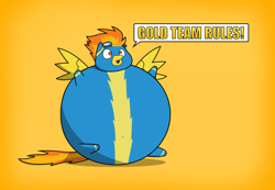 Size: 1300x900 | Tagged: safe, artist:citrusking46, spitfire, pegasus, pony, g4, alpha team blows, belly, belly button, big belly, fat, female, huge belly, impossibly large belly, mare, morbidly obese, obese, orange background, prehibernation week, round, short legs, simple background, solo, spitfatty, spongebob squarepants