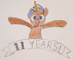Size: 2146x1758 | Tagged: safe, artist:fakkajohan, derpibooru exclusive, oc, oc only, oc:johan, pony, unicorn, hat, looking at you, male, mlp fim's eleventh anniversary, party hat, smiling, solo, spread legs, spreading, traditional art