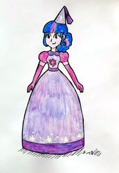 Size: 2268x3306 | Tagged: safe, artist:fude-chan-art, twilight sparkle, equestria girls, g4, clothes, dress, dressup, female, gown, hennin, high res, princess, traditional art