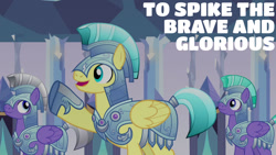 Size: 1280x720 | Tagged: safe, edit, edited screencap, editor:quoterific, screencap, amethyst stone, radiant gold, teal crescent, pegasus, pony, g4, season 6, the times they are a changeling, male, open mouth, open smile, royal guard, smiling, stallion