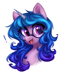 Size: 1616x1973 | Tagged: safe, artist:avrameow, izzy moonbow, pony, unicorn, g5, my little pony: a new generation, bust, cute, exclamation point, female, glasses, happy, izzybetes, mare, open mouth, open smile, simple background, smiling, solo, white background