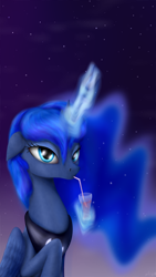 Size: 2160x3840 | Tagged: safe, artist:rnghat, princess luna, alicorn, pony, g4, drink, female, glowing, glowing horn, high res, horn, magic, solo, straw, telekinesis