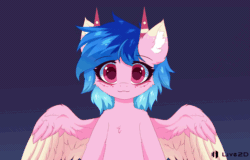 Size: 1128x720 | Tagged: safe, artist:neverend, pony, animated, blinking, blue mane, cheek fluff, colored ears, colored eartips, colored wings, cute, ear fluff, gif, gradient background, horns, live2d, looking at you, open mouth, pink coat, solo, two toned wings, wings