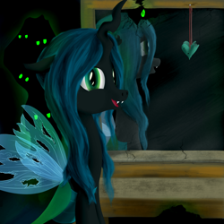 Size: 2048x2048 | Tagged: safe, artist:rnghat, queen chrysalis, changeling, changeling queen, g4, female, high res, reflection, smiling, solo