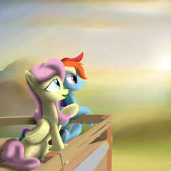 Size: 2048x2048 | Tagged: safe, artist:rnghat, fluttershy, rainbow dash, pegasus, pony, g4, balcony, duo, female, folded wings, high res, looking away, looking up, open mouth, railing, sitting, sunrise, wings