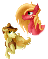 Size: 2888x3500 | Tagged: safe, artist:sixes&sevens, big macintosh, braeburn, earth pony, pony, g4, alternate hairstyle, braeburn's hat, duo, freckles, hat, high res, long mane, raised hoof, simple background, smiling, white background