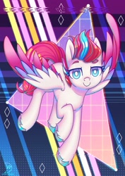 Size: 2480x3508 | Tagged: safe, artist:wavecipher, zipp storm, pegasus, pony, g5, my little pony: a new generation, colored eyebrows, colored pupils, colored wings, female, glitch art, high res, looking at you, mare, no catchlights, raised eyebrow, signature, smiling, smiling at you, solo, triangle, unshorn fetlocks, white pupils, wings