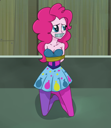 Size: 1484x1700 | Tagged: safe, artist:nie-martw-sie-o-mnie, part of a set, pinkie pie, equestria girls, g4, arm behind back, bare shoulders, bondage, bound and gagged, breasts, cleavage, clothes, female, gag, kneeling, pantyhose, rainbow rocks outfit, rope, rope bondage, set:rainbooms in bondage, skirt, sleeveless, solo, strapless, tape, tape gag, tied up