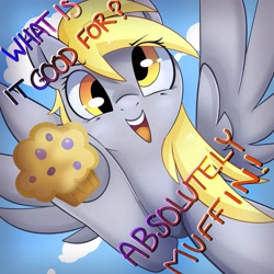 Size: 3000x3000 | Tagged: safe, artist:csox, derpy hooves, pegasus, pony, g4, cloud, dialogue, edwin starr, eye clipping through hair, eyebrows, eyebrows visible through hair, female, food, high res, looking at you, mare, muffin, open mouth, open smile, pun, sky, smiling, smiling at you, solo, song reference, spread wings, war, wings