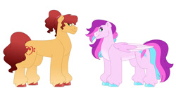 Size: 1280x640 | Tagged: safe, artist:itstechtock, oc, oc only, oc:honey love, oc:taffeta, earth pony, pegasus, pony, female, half-siblings, mare, offspring, parent:feather bangs, parent:fond feather, parent:swoon song, parents:feathersong, parents:fondbangs, simple background, white background