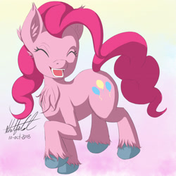 Size: 2853x2853 | Tagged: safe, artist:nlhetfield, pinkie pie, earth pony, pony, g4, chest fluff, eyes closed, female, high res, open mouth, open smile, smiling, solo, unshorn fetlocks