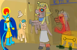 Size: 1280x832 | Tagged: safe, artist:horsesplease, gallus, hitch trailblazer, sprout cloverleaf, earth pony, griffon, pony, undead, g4, g5, my little pony: a new generation, bipedal, bottle, clothes, curse, cursed, derp, doodle, drunk, egypt, egyptian, egyptian pony, emperor sprout, eye of horus, god, hieroglyphics, horrified, mummy, pharaoh, ra, robes, sad sprout, sarcophagus, scared, shocked, sprout gets what's coming to him, tomb, tunic, wtf man