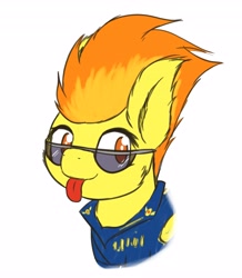 Size: 3579x4096 | Tagged: safe, artist:simplesaemple, spitfire, pegasus, pony, g4, :p, clothes, high res, looking at you, simple background, solo, sunglasses, tongue out, uniform