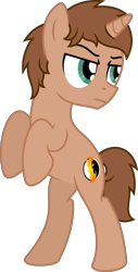 Size: 1483x2916 | Tagged: safe, artist:peternators, oc, oc only, oc:heroic armour, pony, unicorn, g4, bipedal, brown mane, brown tail, colt, full body, horn, lidded eyes, looking back, male, rearing, show accurate, simple background, solo, standing on two hooves, tail, teal eyes, teenager, transparent background, unicorn oc