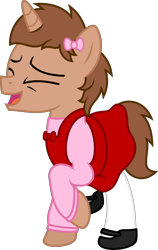 Size: 1633x2585 | Tagged: safe, artist:peternators, oc, oc only, oc:heroic armour, pony, unicorn, g4, brown mane, brown tail, clothes, colt, crossdressing, dress, eyes closed, full body, happy, hoof shoes, horn, male, open mouth, open smile, raised hoof, raised leg, ribbon, shoes, show accurate, simple background, smiling, socks, solo, standing, standing on two hooves, sweater, tail, teenager, thigh highs, transparent background, unicorn oc