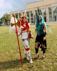 Size: 1080x1350 | Tagged: safe, artist:chiado33, daybreaker, queen chrysalis, human, galacon, galacon 2019, g4, clothes, convention, cosplay, costume, duo, irl, irl human, photo, sleeveless