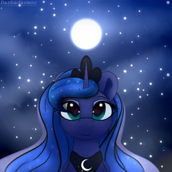 Size: 4096x4096 | Tagged: safe, artist:darbedarmoc, princess luna, alicorn, pony, g4, absurd resolution, bust, crown, female, front view, horn, jewelry, mare, moon, night, peytral, regalia, solo, stars, teal eyes