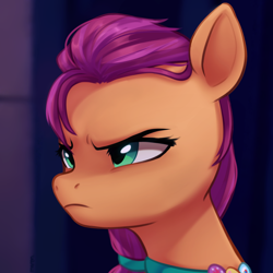 Size: 2800x2800 | Tagged: safe, artist:maren, sunny starscout, earth pony, pony, g5, my little pony: a new generation, angry, bust, female, frown, glare, high res, mare, serious, serious face, solo, sunny starscout is not amused, unamused