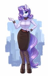 Size: 2208x3508 | Tagged: safe, artist:dandy, edit, editor:dagneo, rarity, unicorn, anthro, unguligrade anthro, g4, bedroom eyes, belt, bioshock, bioshock infinite, breasts, clothes, cosplay, costume, female, hair over one eye, hand on hip, high res, looking at you, mare, shirt, shoes, skirt, smiling, smiling at you, socks, solo, stockings, thigh highs