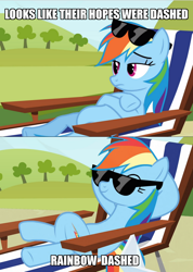 Size: 710x1000 | Tagged: safe, edit, edited screencap, screencap, rainbow dash, pegasus, pony, g4, too many pinkie pies, caption, female, image macro, mare, pun, solo, sunbathing, sunglasses, text