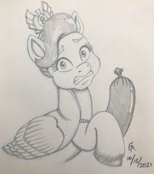 Size: 800x899 | Tagged: safe, artist:mayorlight, queen haven, pegasus, pony, g5, my little pony: a new generation, a phony pony full of baloney, crown, embarrassed, female, food, gritted teeth, jewelry, looking at you, mare, meat, meme, monochrome, pencil drawing, regalia, sausage, traditional art, unicorn crystal