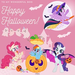 Size: 1080x1080 | Tagged: safe, artist:mylittleponyjpn, part of a set, pinkie pie, rainbow dash, rarity, twilight sparkle, alicorn, bat, earth pony, ghost, pegasus, pony, undead, unicorn, g4, official, bipedal, broom, clothes, costume, female, flying, flying broomstick, halloween, halloween costume, hat, holiday, jack-o-lantern, moon, mummy costume, pumpkin, pumpkin bucket, twilight sparkle (alicorn), vampire costume, witch costume, witch hat