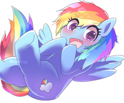 Size: 1200x1000 | Tagged: safe, artist:leo19969525, rainbow dash, pegasus, pony, g4, backwards cutie mark, blushing, cute, cute little fangs, dashabetes, fangs, female, heart eyes, looking at you, mare, open mouth, simple background, solo, white background, wingding eyes