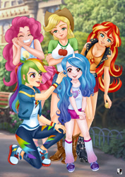 Size: 1000x1414 | Tagged: safe, artist:lord--opal, applejack, izzy moonbow, pinkie pie, rainbow dash, sunset shimmer, human, equestria girls, g4, g5, my little pony: a new generation, bracelet, breasts, busty applejack, busty pinkie pie, busty sunset shimmer, cleavage, clothes, converse, equestria girls-ified, eyes closed, g5 to equestria girls, g5 to g4, generation leap, human coloration, humanized, jewelry, open mouth, shoes, sneakers, socks