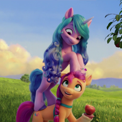 Size: 804x804 | Tagged: safe, screencap, izzy moonbow, sunny starscout, earth pony, pony, unicorn, g5, my little pony: a new generation, spoiler:my little pony: a new generation, apple, cropped, cute, duo, female, food, izzybetes, looking at each other, looking out for you, mare, sunnybetes