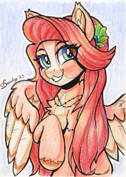Size: 1463x2055 | Tagged: safe, artist:dandy, oc, oc only, pegasus, pony, colored pencil drawing, female, flower, flower in hair, jewelry, looking at you, necklace, request, smiling, solo, traditional art, unshorn fetlocks, wings