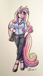 Size: 968x1707 | Tagged: safe, artist:dandy, princess cadance, anthro, unguligrade anthro, g4, breasts, business suit, clothes, colored pencil drawing, female, hand in pocket, pants, purse, request, shirt, shoes, solo, traditional art