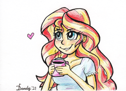 Size: 2039x1471 | Tagged: safe, artist:dandy, sunset shimmer, human, equestria girls, g4, blushing, coffee, coffee mug, colored pencil drawing, female, heart, mug, request, smiling, solo, traditional art