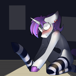 Size: 5120x5120 | Tagged: safe, artist:difis, oc, oc only, oc:purpleflare, unicorn, semi-anthro, ..., absurd resolution, arm hooves, blushing, caught, clothes, ear piercing, earring, embarrassed, femboy, floppy ears, horn, jewelry, looking at you, male, piercing, ponytail, socks, solo, stallion, striped socks, sweat, sweatdrops, thigh highs, unshorn fetlocks, wide eyes