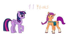 Size: 3400x1800 | Tagged: safe, artist:ursamanner, sunny starscout, twilight sparkle, alicorn, earth pony, pony, g5, my little pony: a new generation, duo, happy, happy birthday mlp:fim, high res, looking at each other, mlp fim's eleventh anniversary, simple background, smiling, sunny and her heroine, twilight sparkle (alicorn), white background