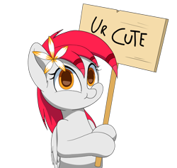 Size: 1280x1213 | Tagged: safe, artist:joaothejohn, oc, oc only, oc:tiny jasmini, pegasus, pony, :3, bipedal, cute, diabetes, eyelashes, female, flower, flower in hair, holding sign, hooves together, looking at you, mare, micro, nya, ocbetes, pegasus oc, sign, simple background, smiling, smiling at you, smol, solo, tiny, tiny ponies, tinyjabetes, transparent background