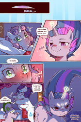 Size: 960x1440 | Tagged: safe, artist:cold-blooded-twilight, rarity, spike, sweetie belle, twilight sparkle, pony, unicorn, cold blooded twilight, comic:cold storm, g4, bags under eyes, bed, blushing, closed mouth, comic, dialogue, eyepatch, eyeshadow, female, filly, foal, frown, glowing, glowing horn, horn, hug, magic, makeup, open mouth, pillow, siblings, sisters, smiling, sparkles, speech bubble, tail, unicorn twilight, wide eyes