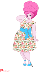 Size: 1275x1650 | Tagged: safe, artist:m-a-v-e-r-i-c-k, pinkie pie, equestria girls, g4, 50s, alternate hairstyle, arm behind head, chubby, clothes, dress, female, high heels, housewife, lipstick, one eye closed, patreon, patreon logo, shoes, simple background, smiling, solo, white background, wink