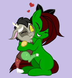 Size: 1448x1560 | Tagged: safe, artist:lucky-em, discord, oc, draconequus, earth pony, pony, g4, baby, base used, bow, cheek squish, earth pony oc, eyes closed, female, hair bow, heart, hug, male, mare, one eye closed, purple background, simple background, smiling, squishy cheeks, wink, young discord