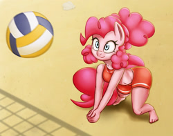 Size: 2235x1765 | Tagged: safe, artist:ikarooz, pinkie pie, earth pony, anthro, plantigrade anthro, g4, alternate hairstyle, beach, belly button, breasts, bump, busty pinkie pie, female, sand, smiling, solo, sports, volleyball