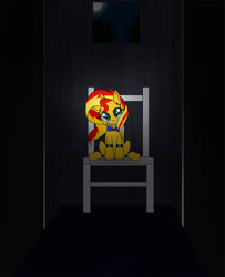 Size: 1320x1626 | Tagged: safe, artist:lucky-em, sunset shimmer, pony, robot, robot pony, unicorn, g4, 2015, animatronic, chair, crossover, female, five nights at freddy's, five nights at freddy's 4, horn, mare, plushie, plushtrap, sitting, solo