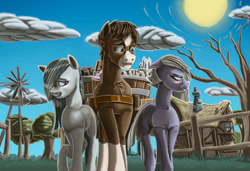 Size: 1024x702 | Tagged: safe, artist:amalgamzaku, limestone pie, marble pie, earth pony, pony, g4, cloud, fanfic art, fence, sky, sun, tree, windmill