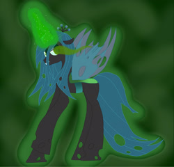 Size: 2501x2398 | Tagged: safe, artist:lucky-em, queen chrysalis, changeling, changeling queen, g4, abstract background, crown, female, glowing, glowing horn, high res, horn, jewelry, regalia, solo, sombra eyes